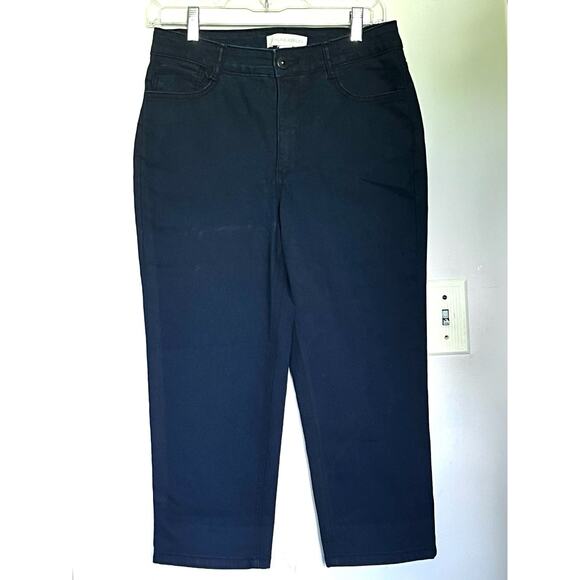 LAURA ASHLEY DK BLUE STRAIGHT LEG CAPRIS JEANS SIZE 8 EMBELLISHED BACK PKTS - Picture 2 of 3